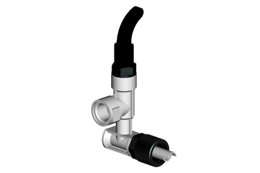 Schnellschlussventil von Roth, L-Adapter mit 90-Grad-Anschluss. Das Produkt zeigt eine Metallkonstruktion mit einem flexiblen Schlauchanschluss.